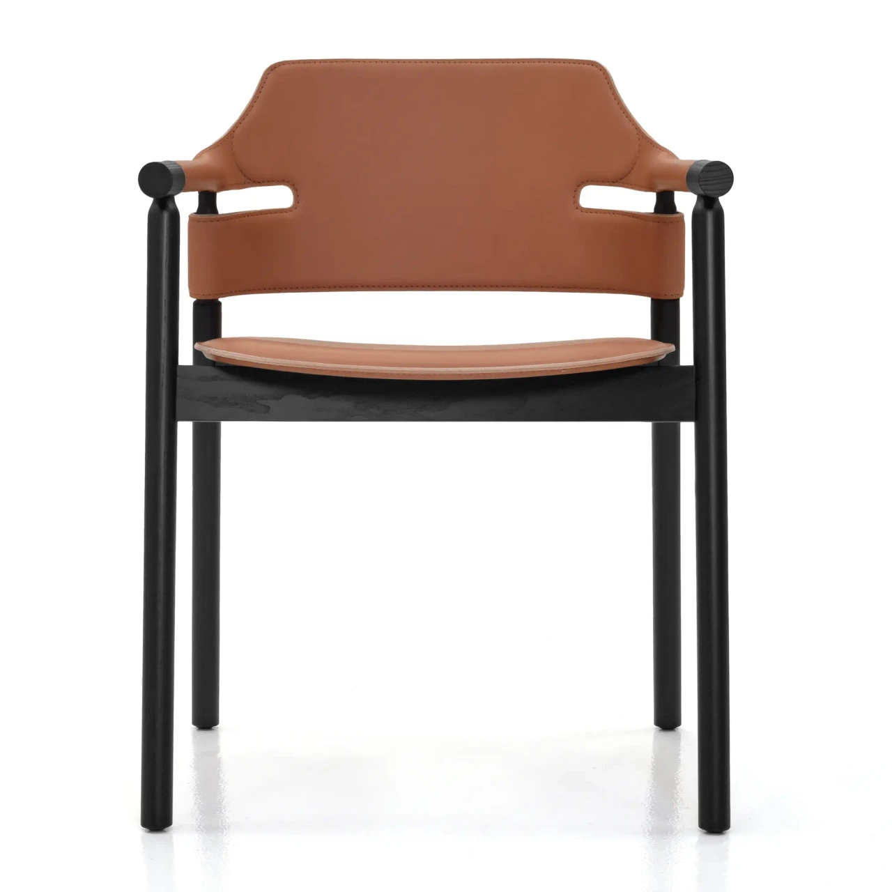 LIGHT COGNAC - Suite P Arm Chair, modern style, Natural Tuscan Hide Leather and Black Lacquered Ash Frame, front view.