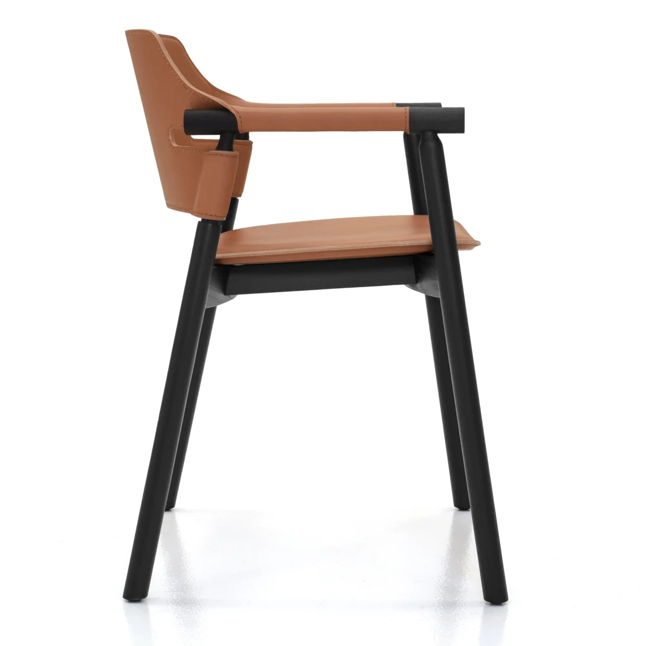 LIGHT COGNAC - Suite P Arm Chair, modern style, Natural Tuscan Hide Leather and Black Lacquered Ash Frame, rear three-quarter view.