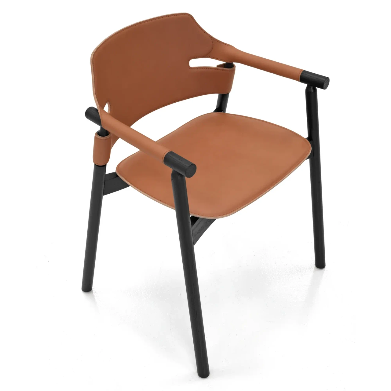 LIGHT COGNAC - Suite P Arm Chair, mid-century modern, Natural Tuscan Hide Leather and Black Lacquered Ash Frame, 3/4 angle view