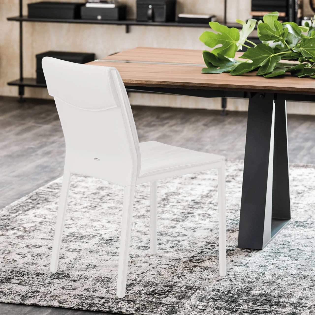 BIANCO - Cattelan Isabel H Side Chair in Bianco Soft Leather, modern style, white leather, side view in a dining room setting.