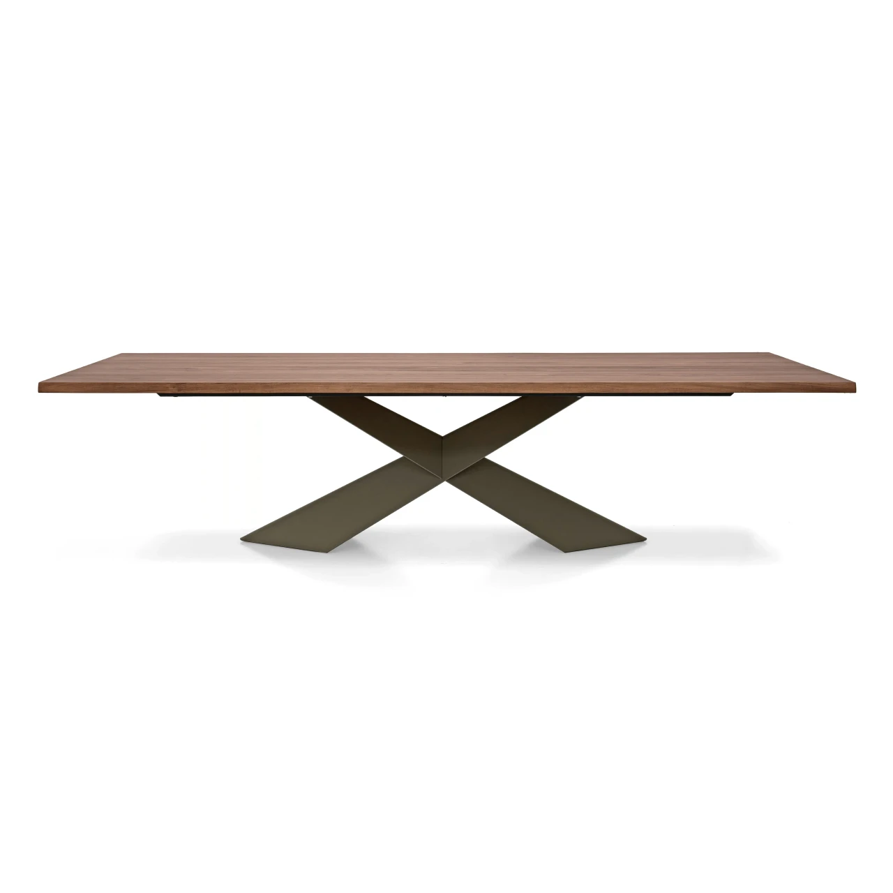 Cattelan Tyron Wood Dining Table with Canaletto Walnut Top and Titanium Embossed Steel X-base, front view.
