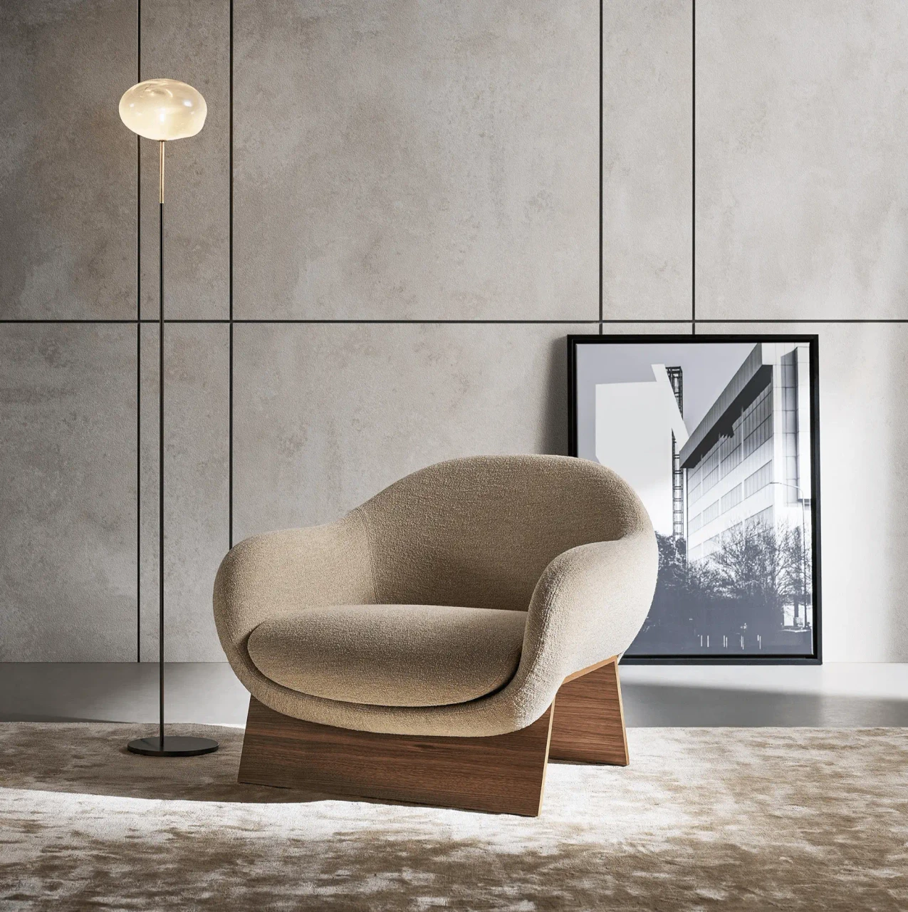 BEIGE - Shown here in the Beige fabric and Canaletto Walnut base option