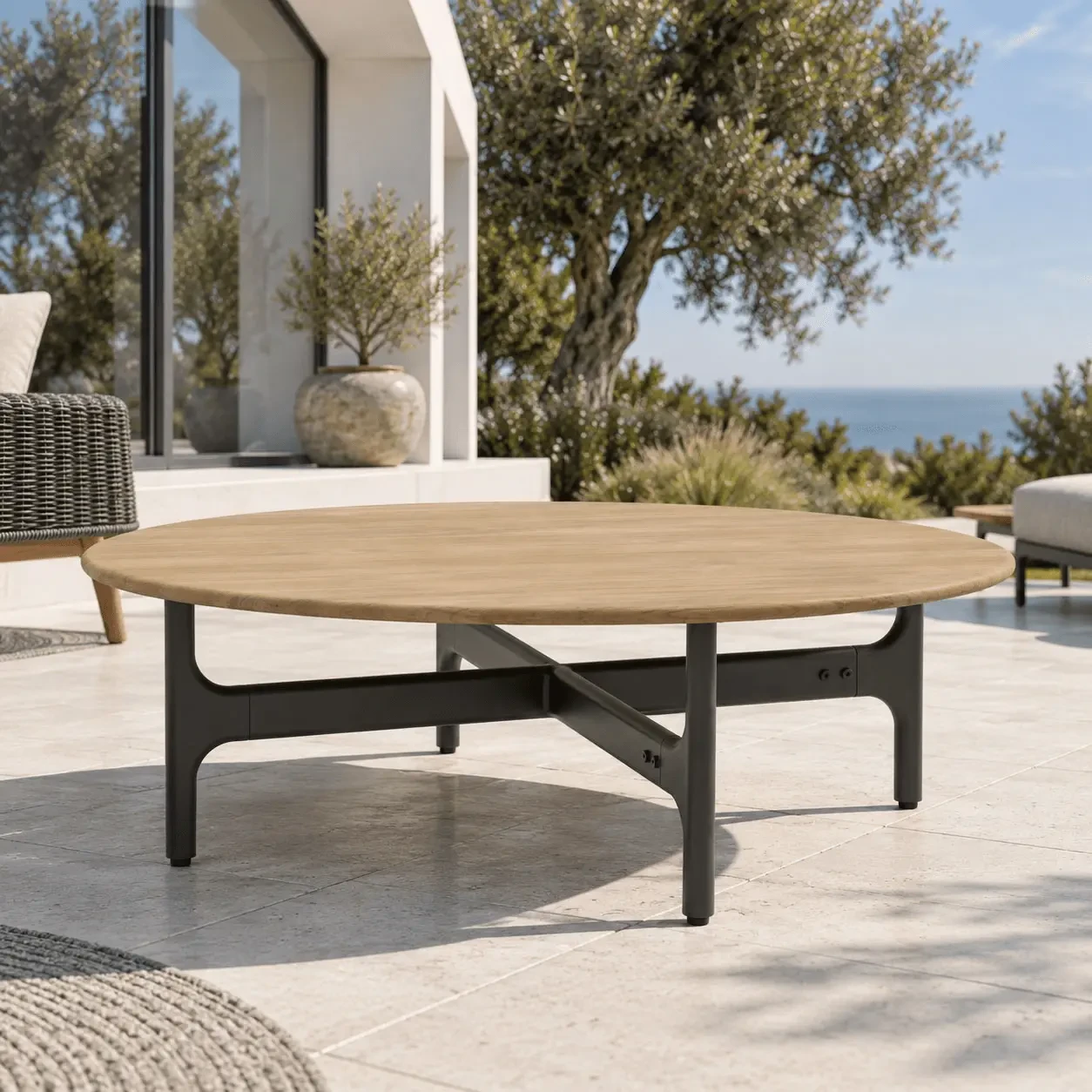Gloster Grand Sail Coffee Table, natural teak top, meteor powder coat frame, round, outdoor patio, eye-level angle.