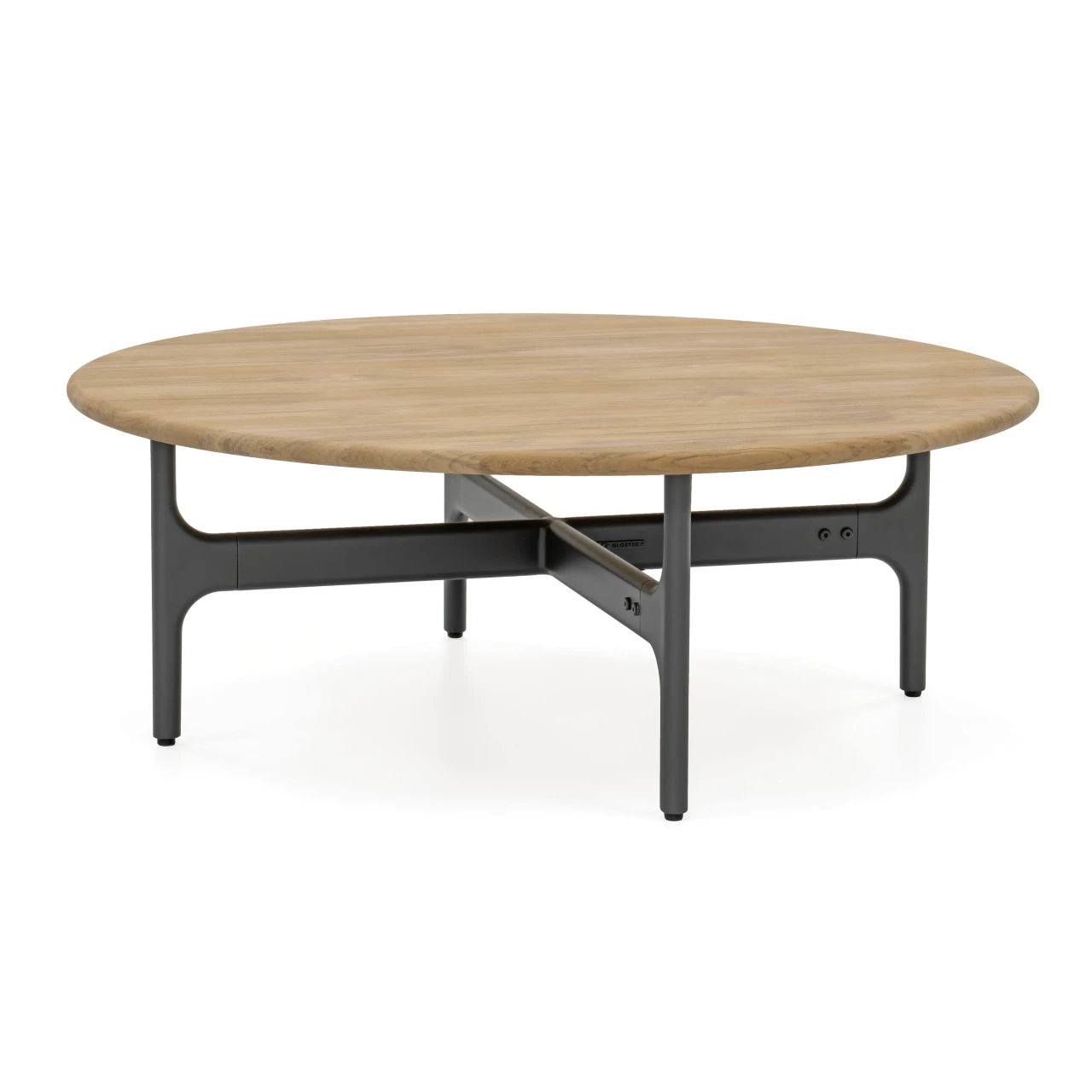 Gloster Grand Sail Coffee Table, modern round natural teak top with meteor powder coat frame, front angle view