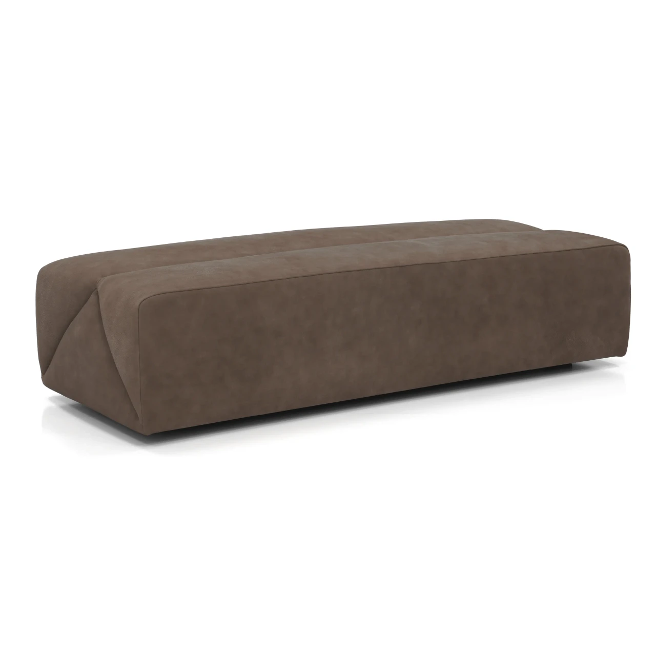 Malerba Stay Upholstered Bench, brown leather with side tufted and recessed leg, modern style, 3/4 angle view.