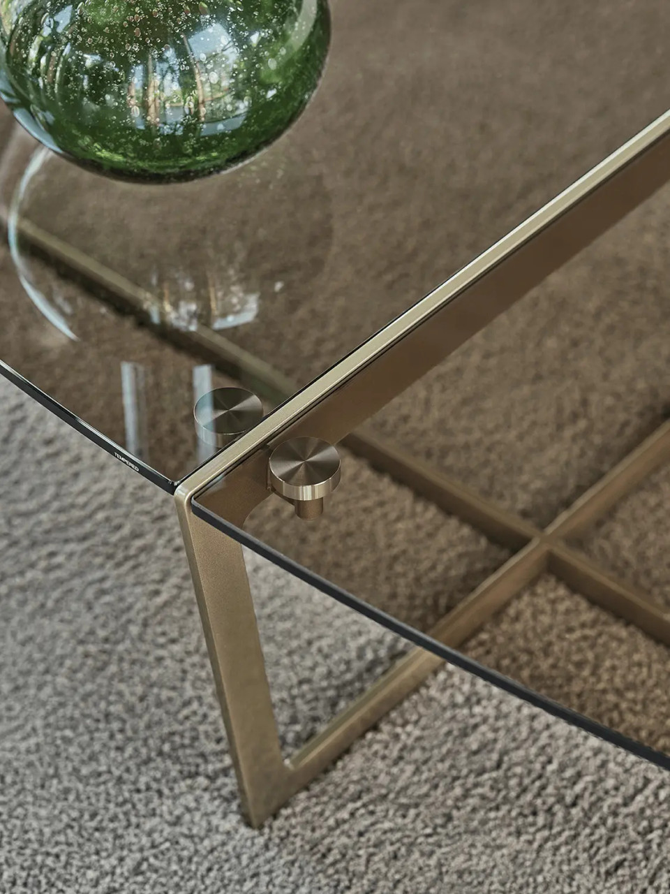 BRONZE GLASS/AGED BRASS - Cross Oval Cocktail Table Closeup