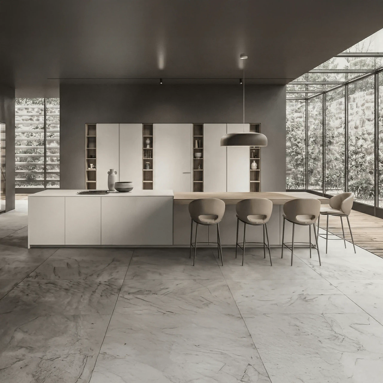 Cattelan Miranda Counter Stool in Cashmere Soft Leather with Titanium Embossed Leg, modern kitchen setting, front view.