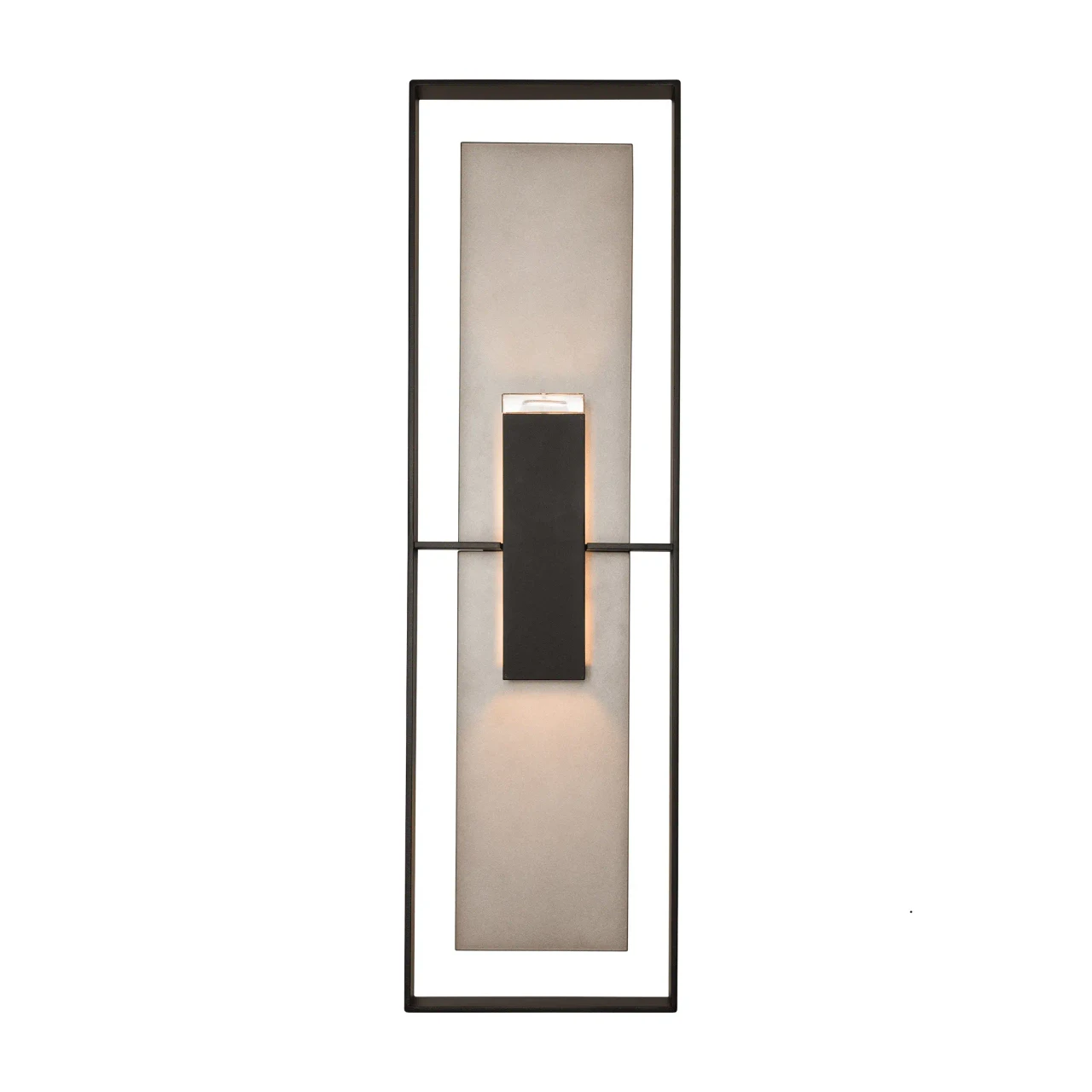 Shadow Outdoor Sconce Tall in Coastal Black Metal Finish, modern rectangular wall light, front view.