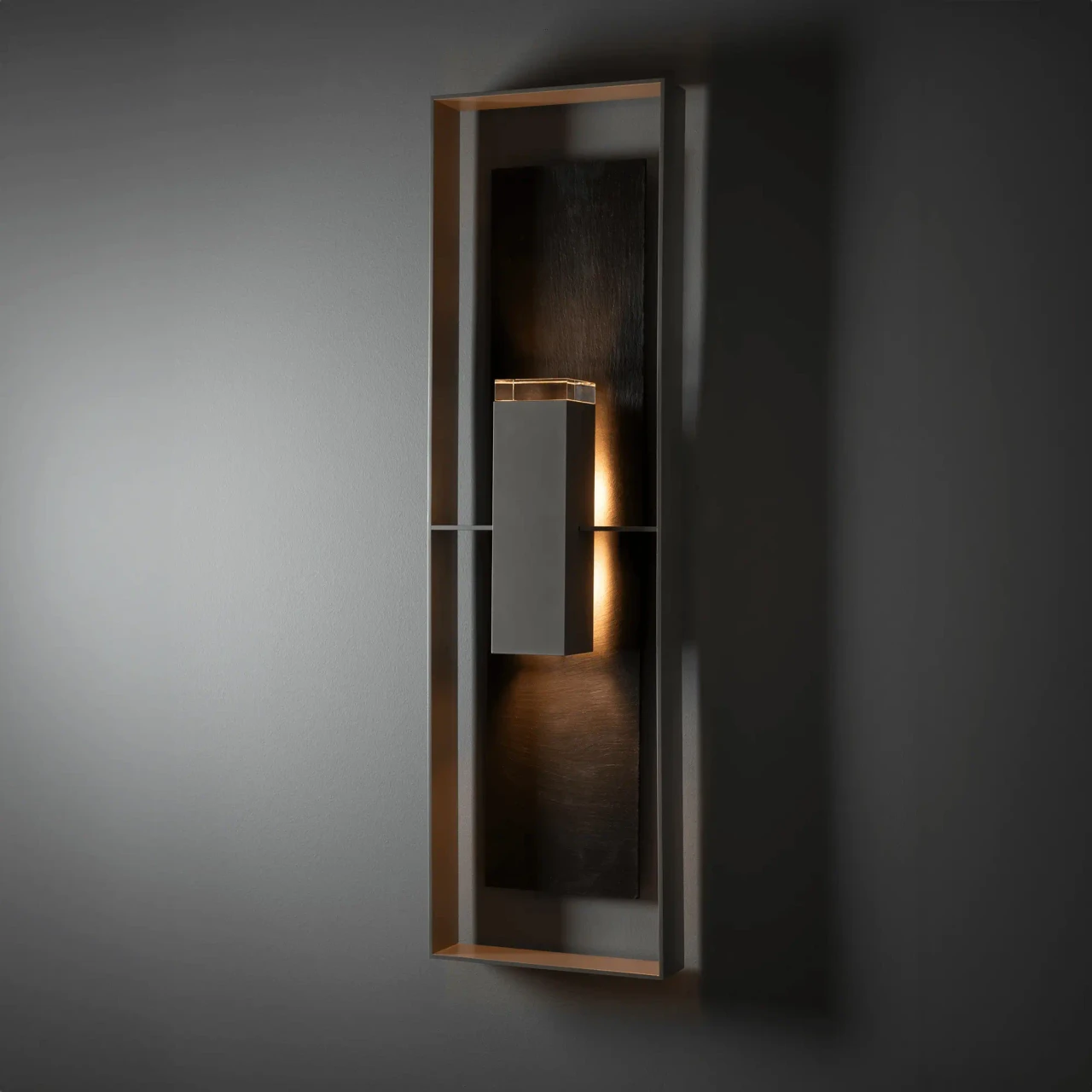 Shadow Box Slate Sconce Xl in Coastal Burnished Steel with Slate Accent, modern wall light, front view, living room setting