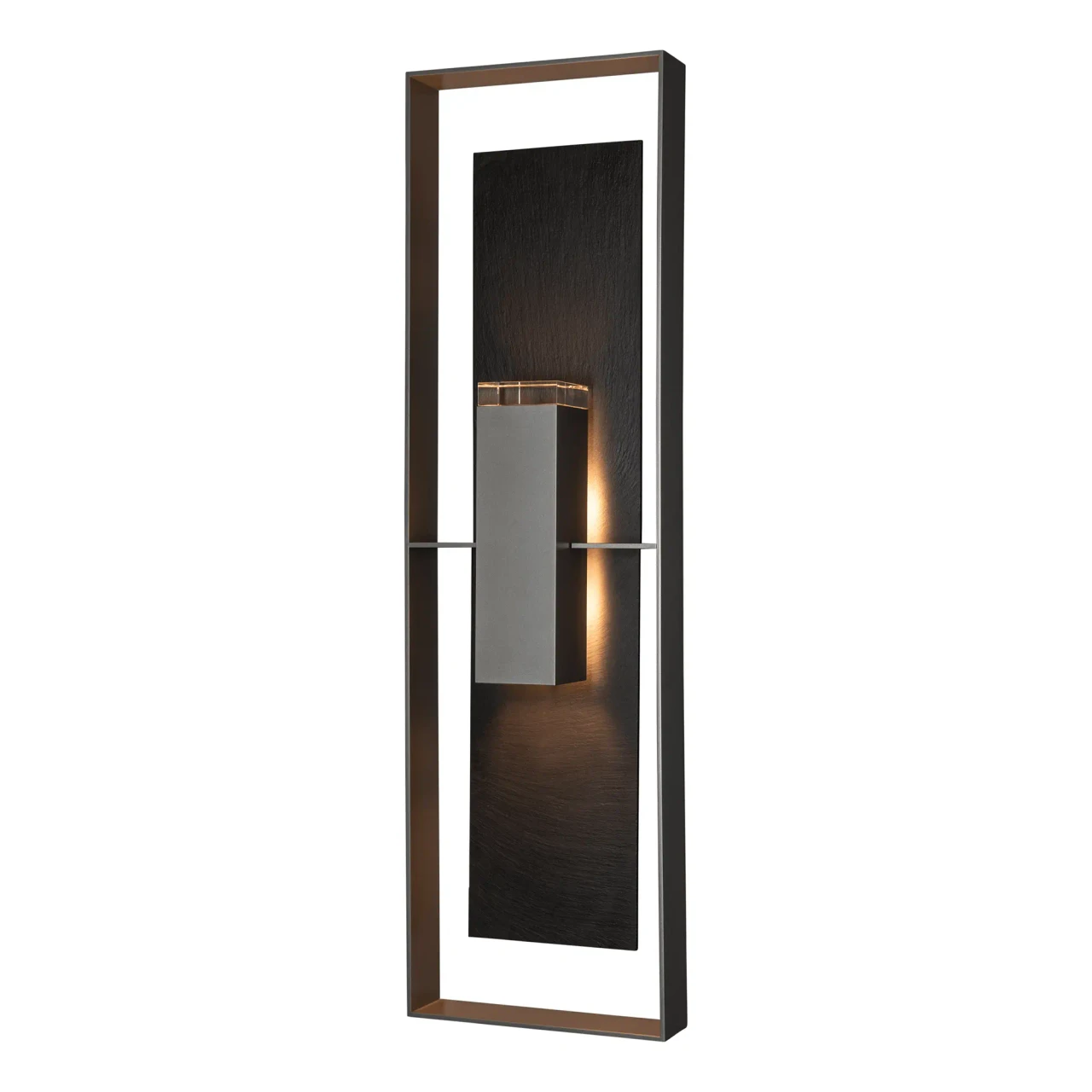 Shadow Box Slate Sconce Xl in Coastal Burnished Steel with Clear Glass and Slate Accent, front view.
