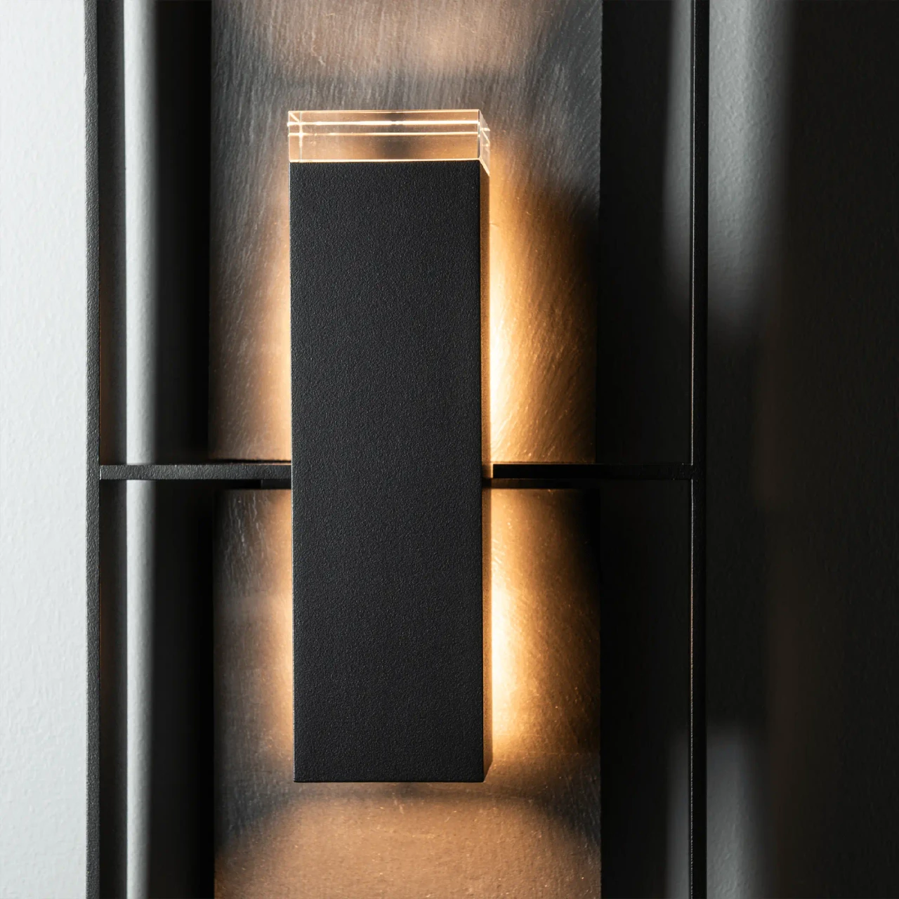 Shadow Box Slate Sconce Tall in Coastal Black Metal Finish with Clear Glass, front view, outdoor wall lighting.