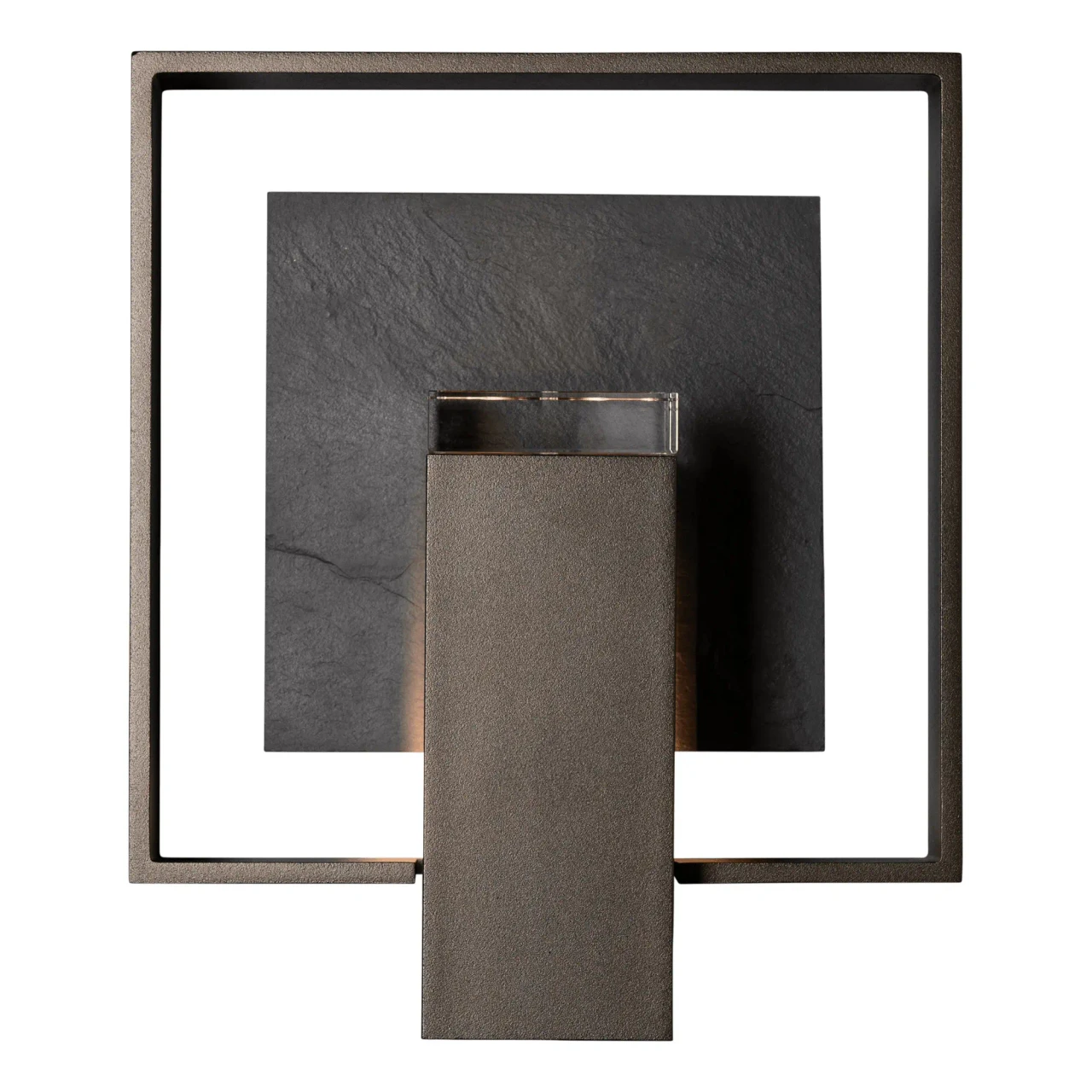 Shadow Box Slate Sconce in Oil Rubbed Bronze with clear glass and slate accent, front view, modern wall light.