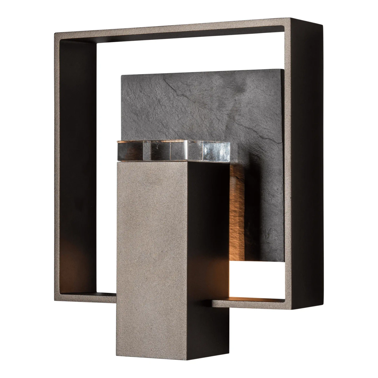 Shadow Box Slate Sconce in Oil Rubbed Bronze with clear glass and slate accent, modern style, front view.