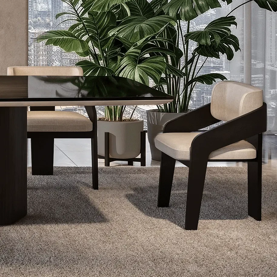 Malerba New Mood Arm Chair, modern style, matt black wood frame, taupe woven fabric, side view in dining room setting.