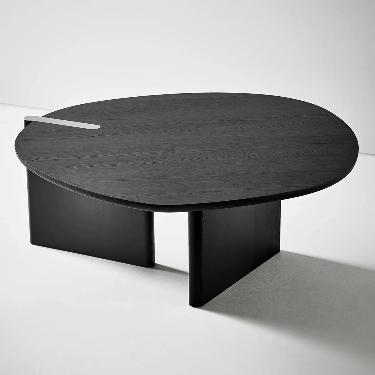 Bonaldo Flatiron Round Dining Table in Brushed Coal Oak with Brushed Lead Base and accents, 3/4 angle view.