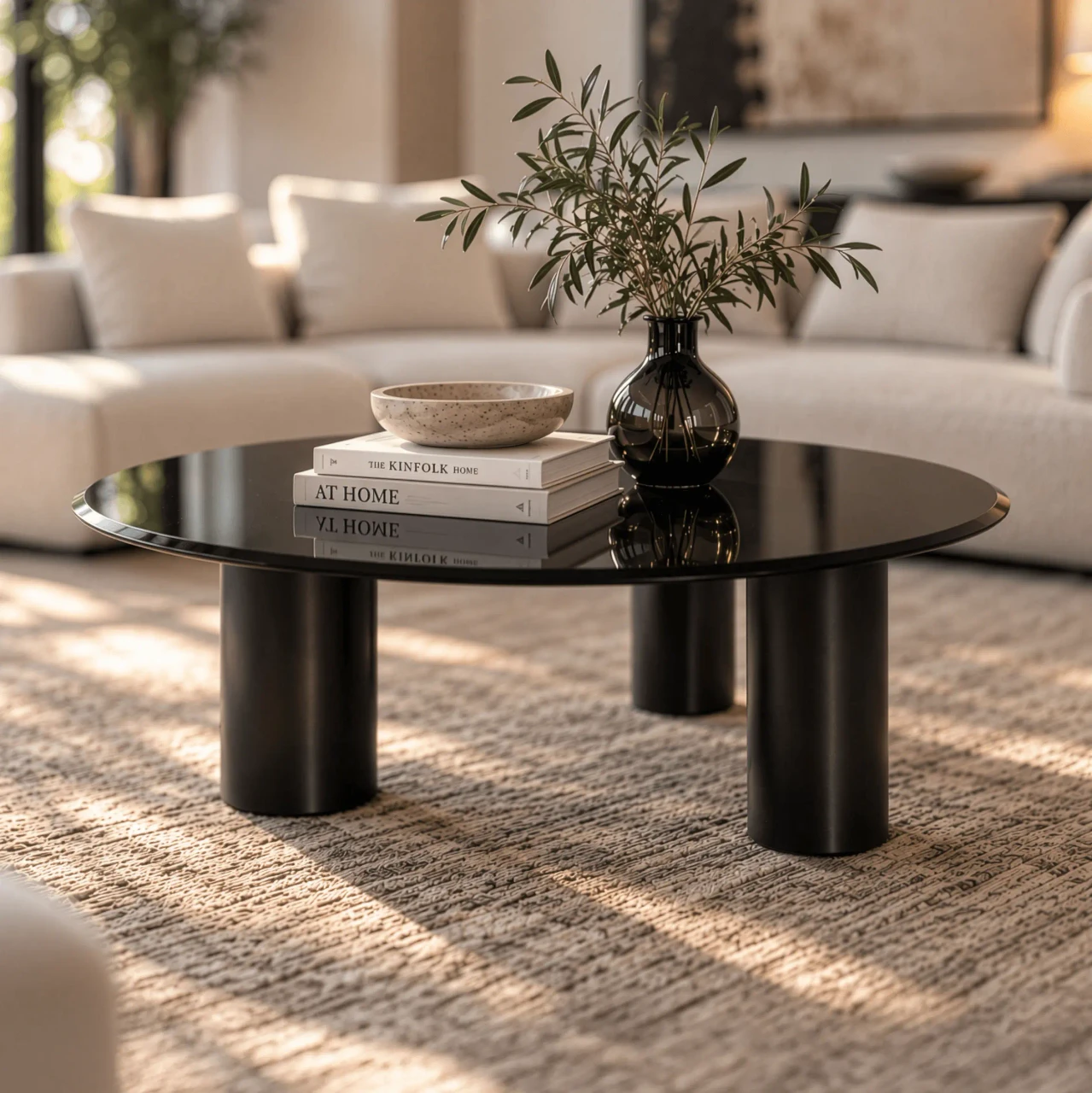 MEDIUM - Bonaldo Sasso Cocktail Table with glossy grey glass top and lead metal base in a living room, low angle lifestyle view.
