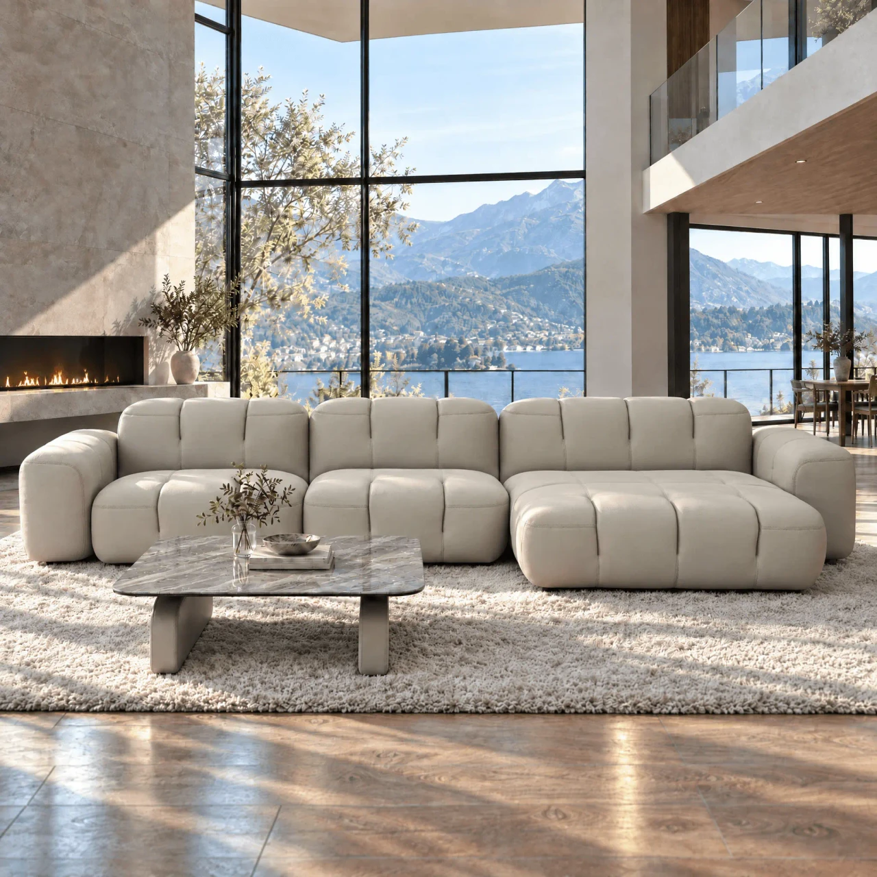 Gamma Arredamenti Moxy Small Sectional in Chalk Leather, modern style, recessed legs, living room, front angle view.