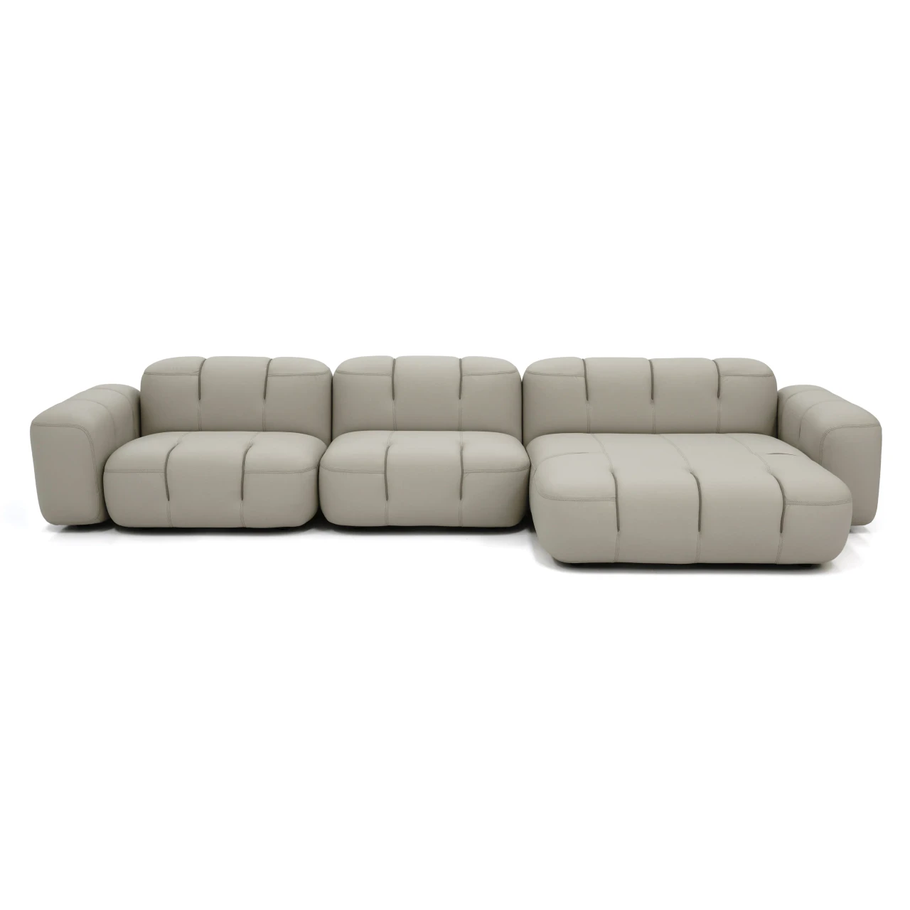 Gamma Arredamenti Moxy Small Sectional in Chalk Leather, E Piuma style with matching stitch, front view.