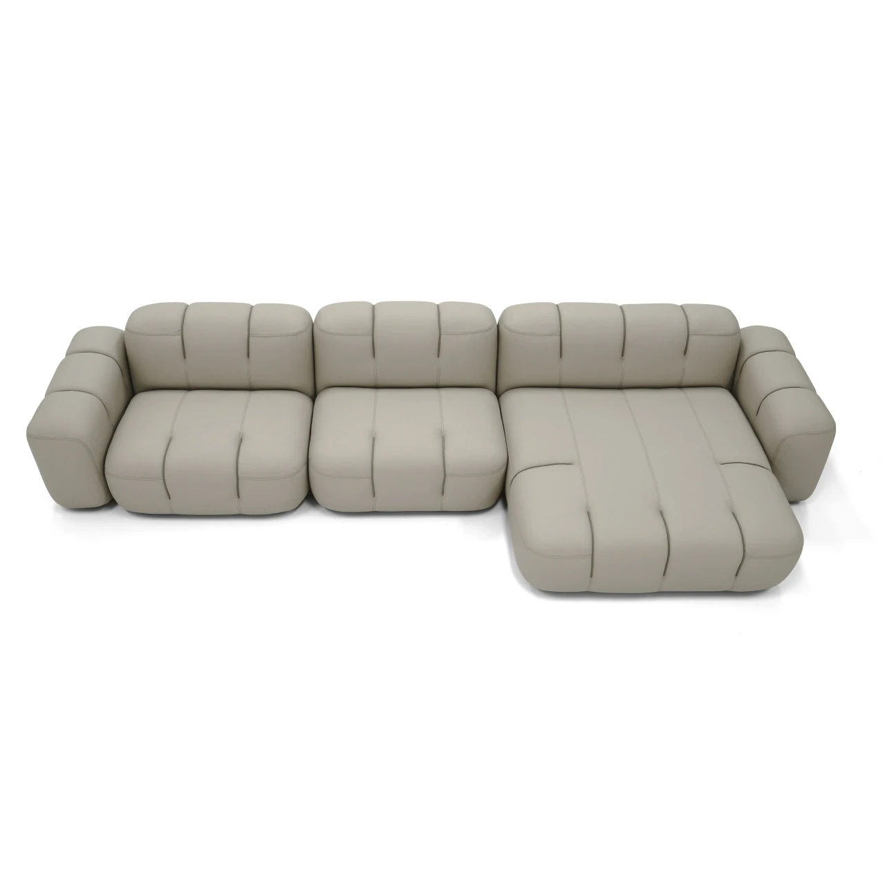 Gamma Arredamenti Moxy Small Sectional in Chalk Leather, E Piuma style with matching stitch, front view.