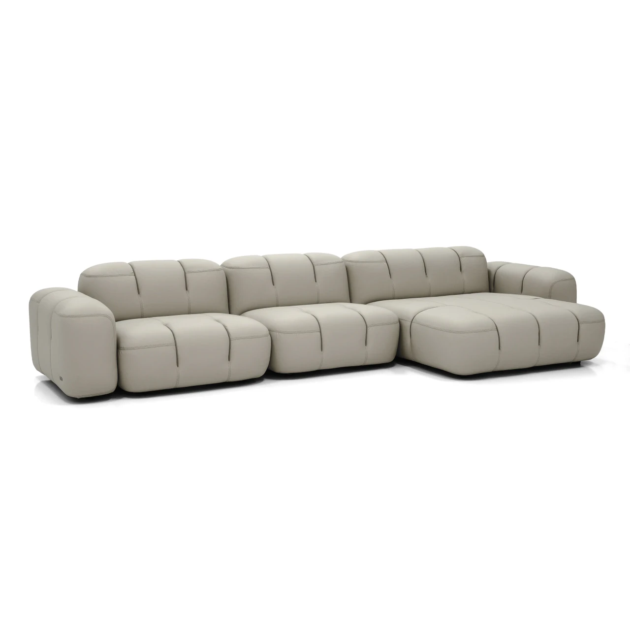 Gamma Arredamenti Moxy Small Sectional in Chalk Leather with Matching Stitch, E Piuma, 3/4 angle view.