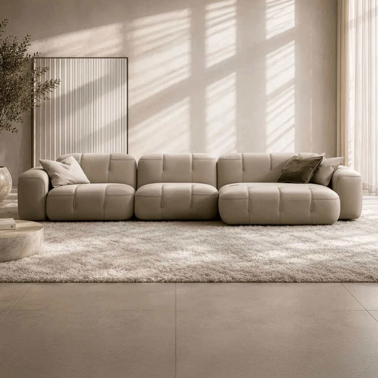 Gamma Arredamenti Moxy Small Sectional in Chalk Leather, modern style, tufted detail, front view in a living room setting.