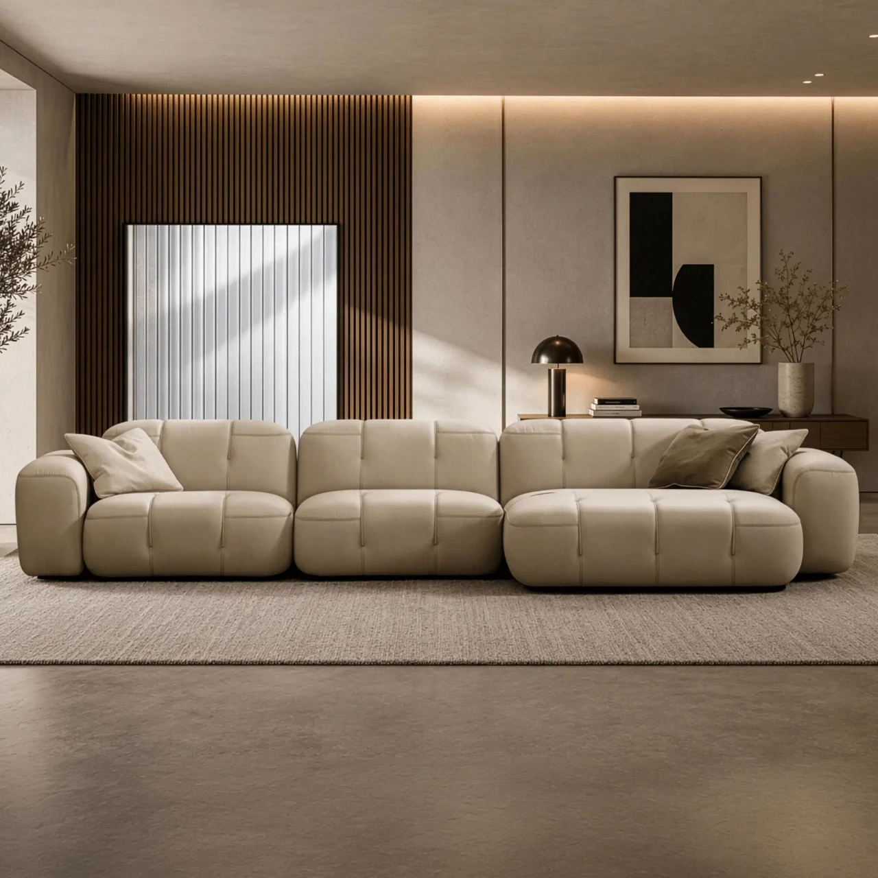 Gamma Arredamenti Moxy Small Sectional in Chalk Leather, E Piuma style with matching stitch, front view in living room.