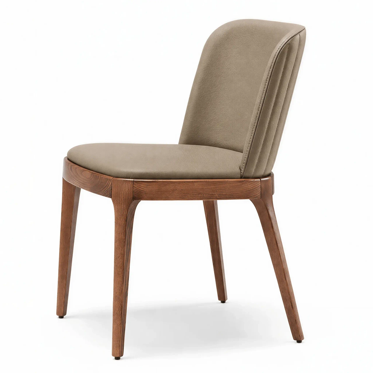 Cattelan Magda Barre Side Chair in Tortora Soft Leather and Canaletto Walnut Stained Ash with linear quilted back, side view