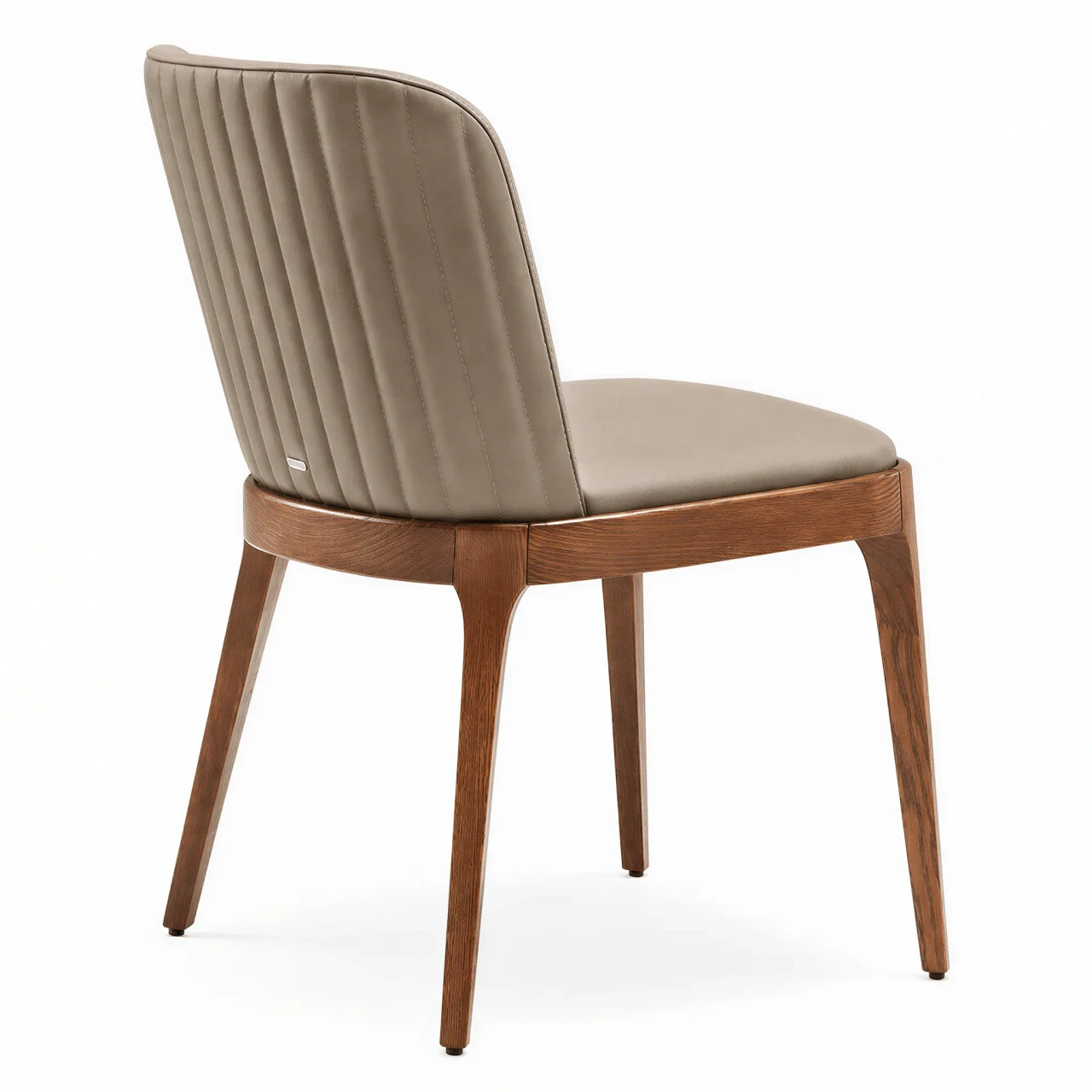 Cattelan Magda Barre Side Chair in Tortora Soft Leather and Canaletto Walnut Stained Ash, linear quilted back, rear angle