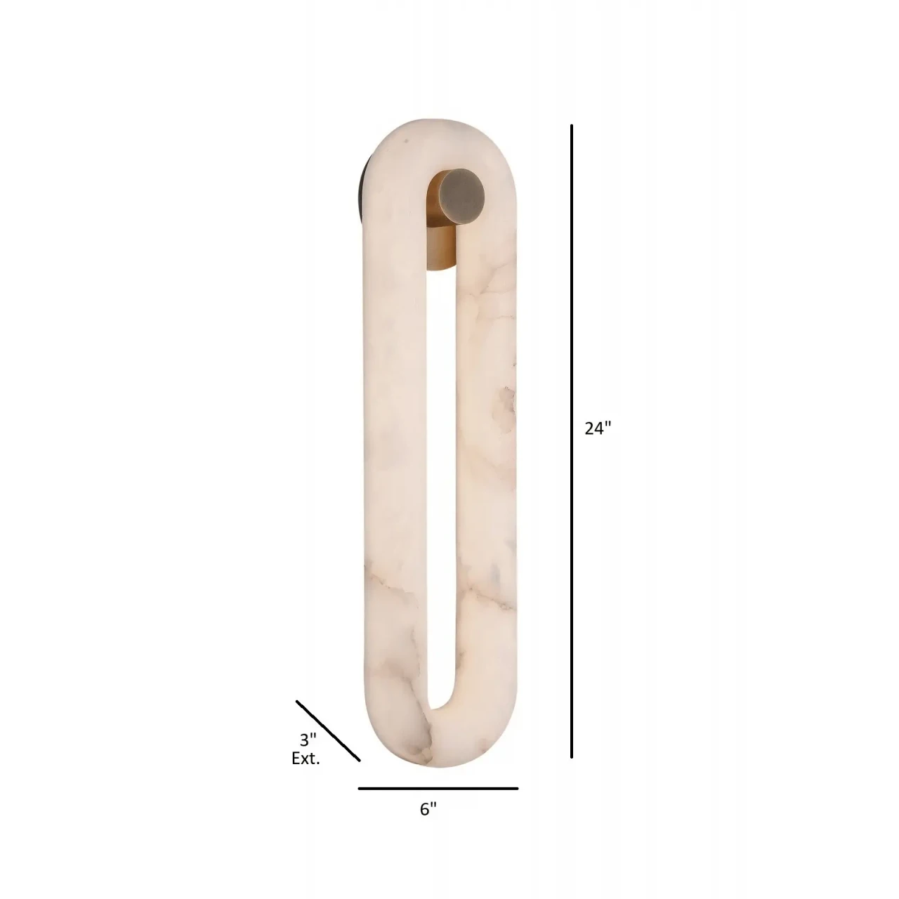 LARGE - Sedona Sconce, modern wall light in Aged Brass and Alabaster, 24x6 inch oval shape, front view with dimensions.