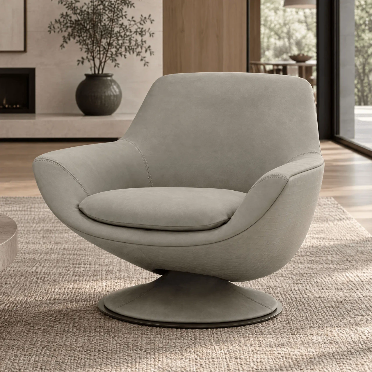 Gamma Arredamenti Grace Swivel Chair in Clay leather and embossed shell with brass trim, 3/4 view in a living room setting.