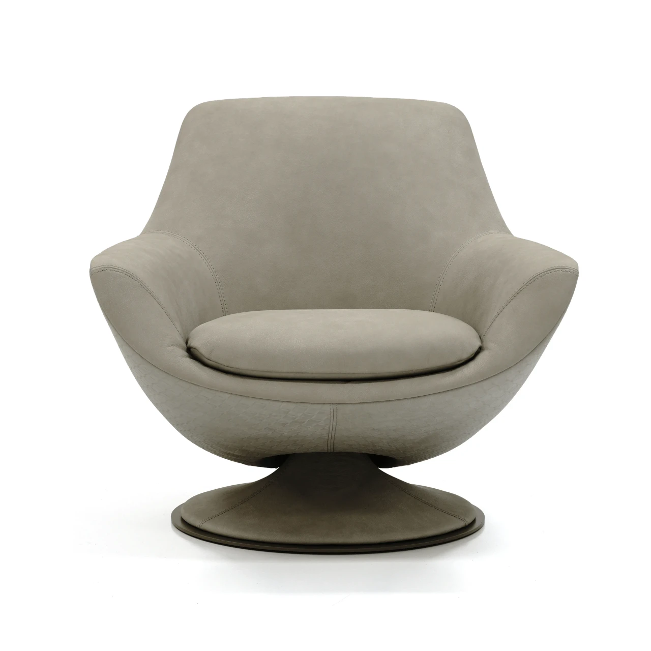 Gamma Arredamenti Grace Swivel Chair in clay leather and embossed shell with brass metal base trim, front view.