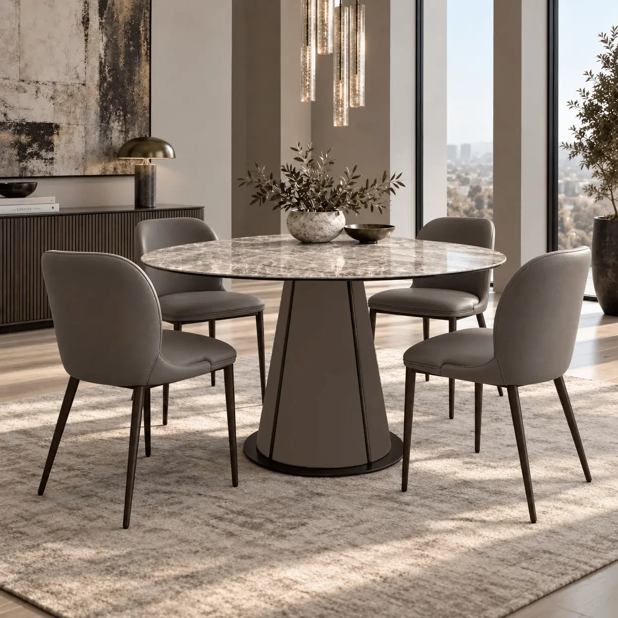 Gamma Arredamenti Medea Dining Chairs in Truffle Leather with Matt Bronze Legs around a marble table in a dining room.