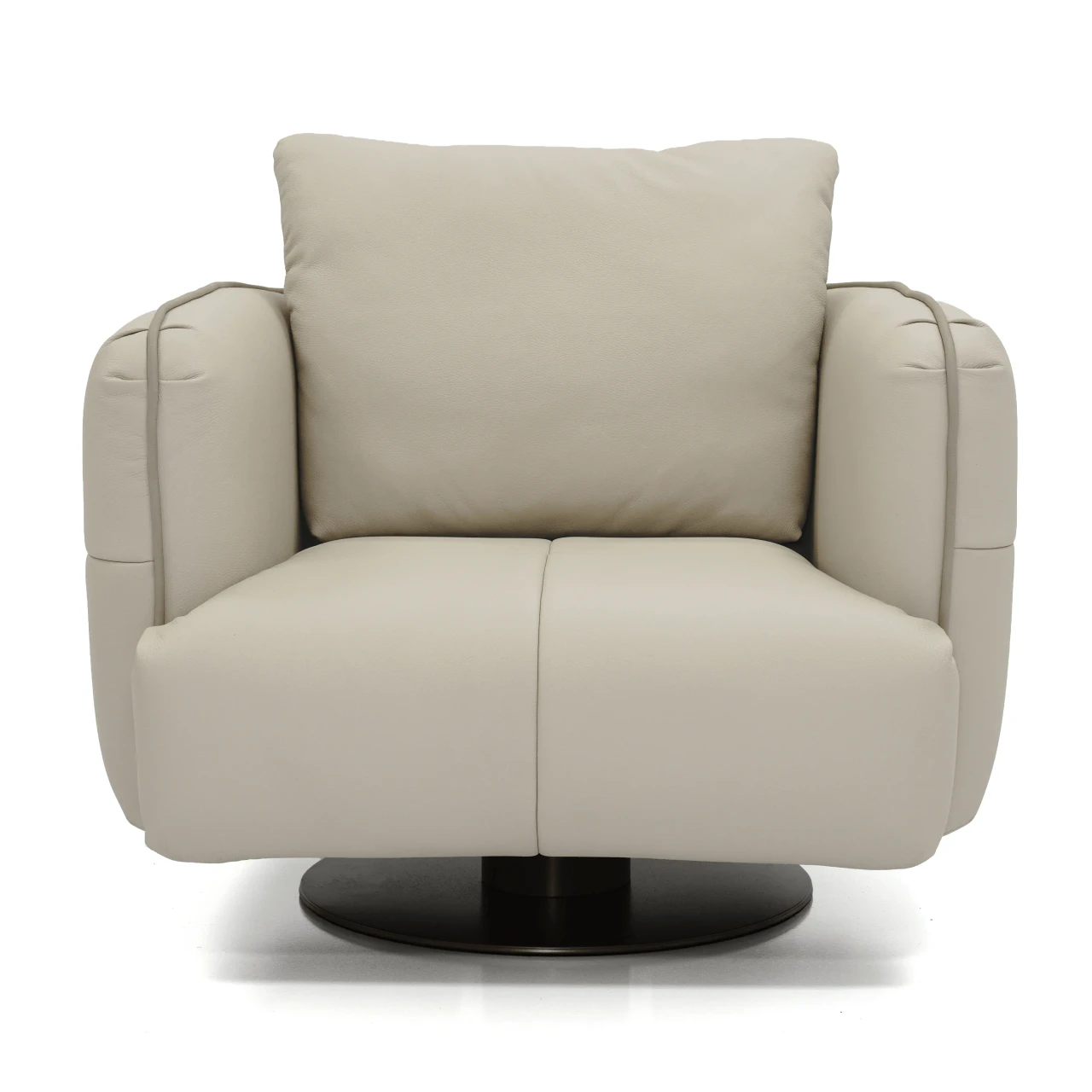 Gamma Arredamenti Crystal Swivel Chair in ivory leather with contrast stitch and brass swivel base, front view.