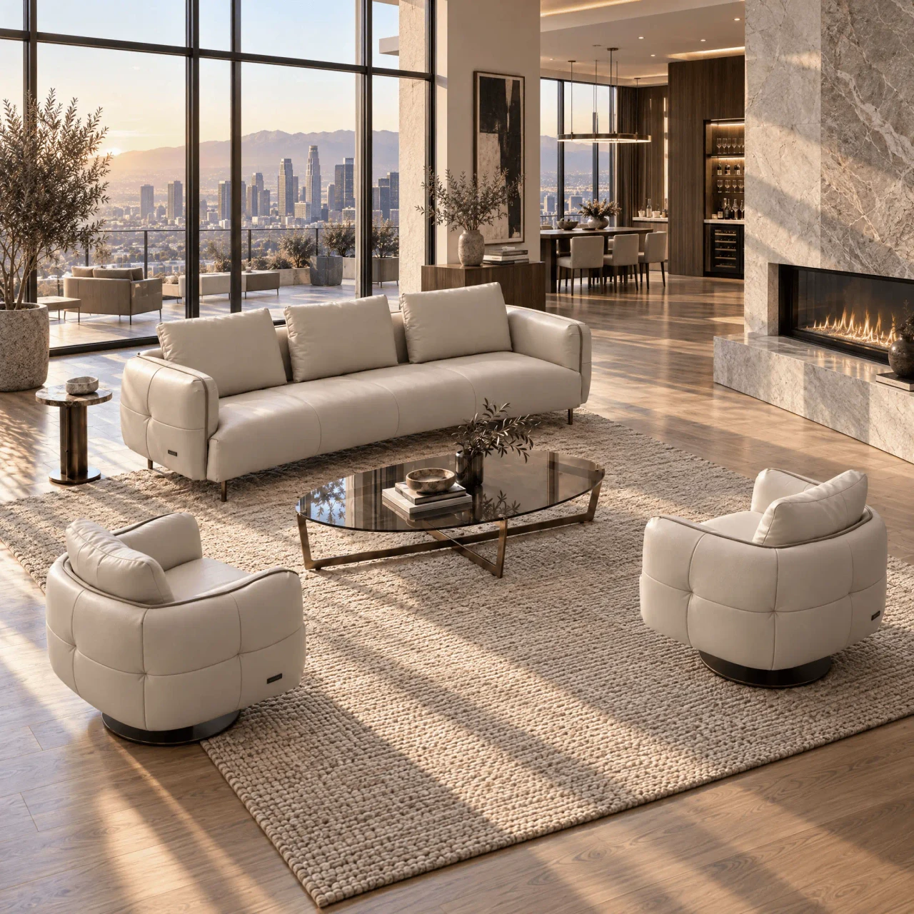 Gamma Arredamenti Crystal Swivel Chair, ivory leather, brass swivel base, modern style, living room, three-quarter angle view