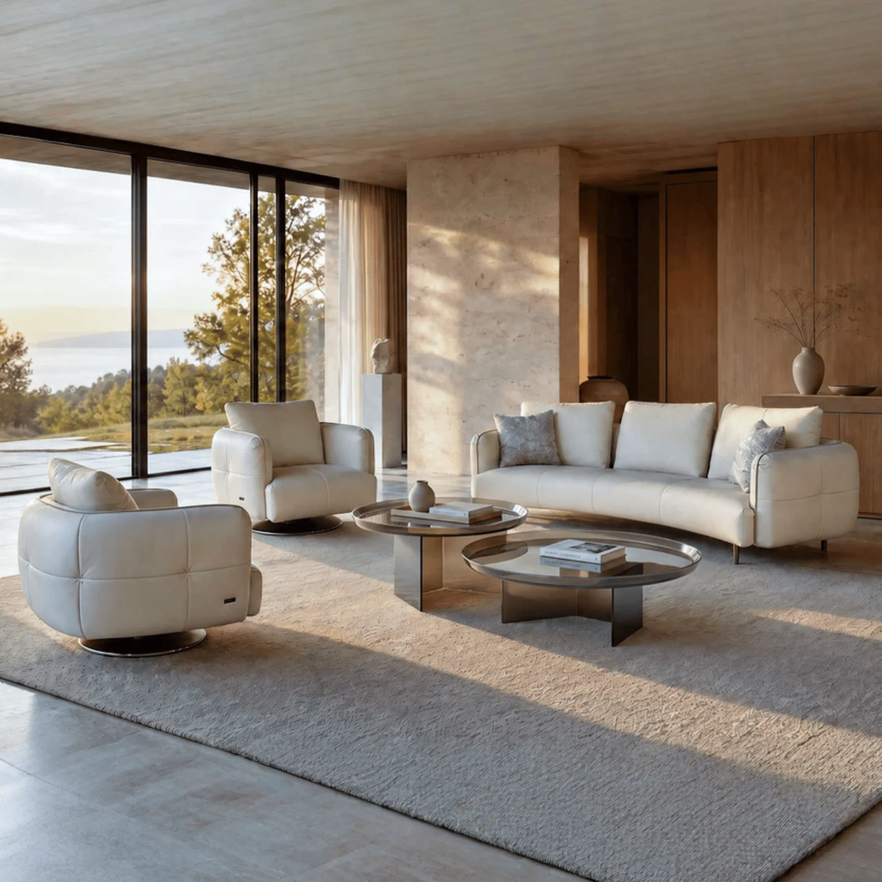 Gamma Arredamenti Crystal Swivel Chair in ivory leather with brass swivel base in a modern living room, front angle view.