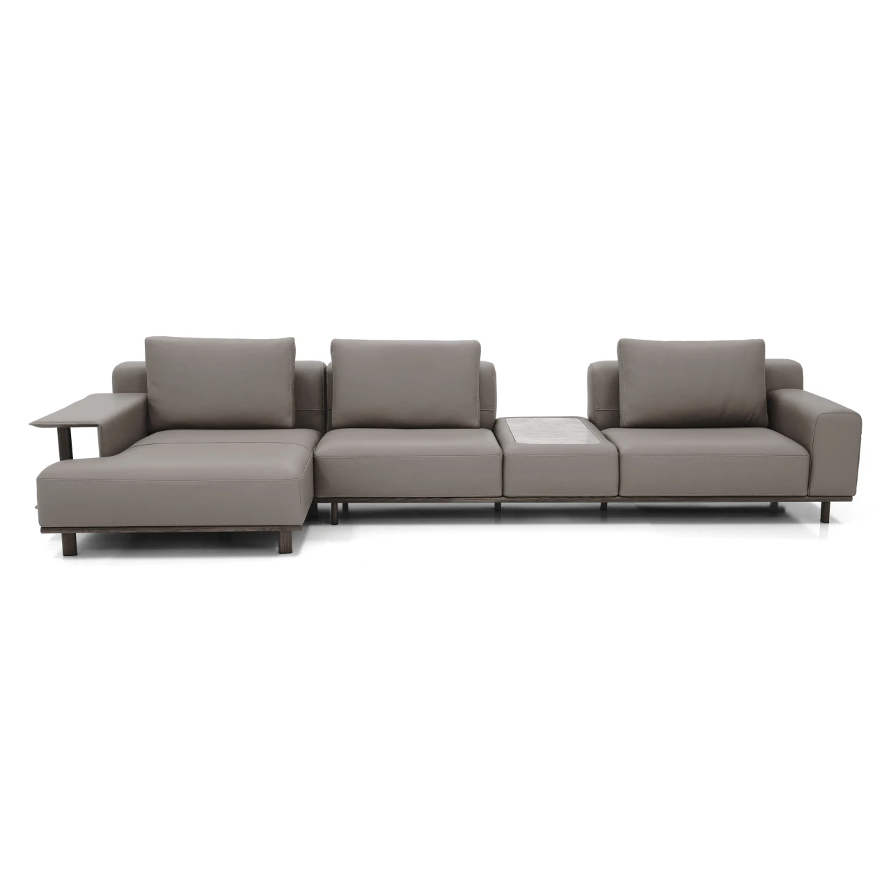 Gamma Arredamenti Santos Sectional in Truffle Leather and Brushed Walnut with Yamuna Ceramic table, front view.