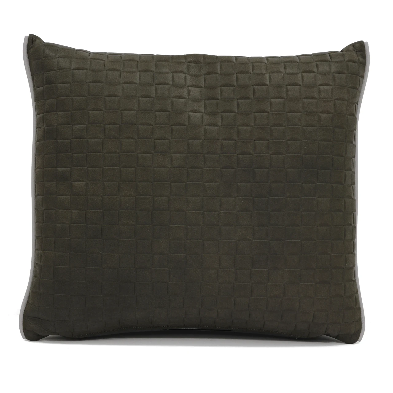 Gamma Arredamenti Moxy Throw Pillow in Dark Green Brick Embossed leather with Chalk Leather Welt, front view.