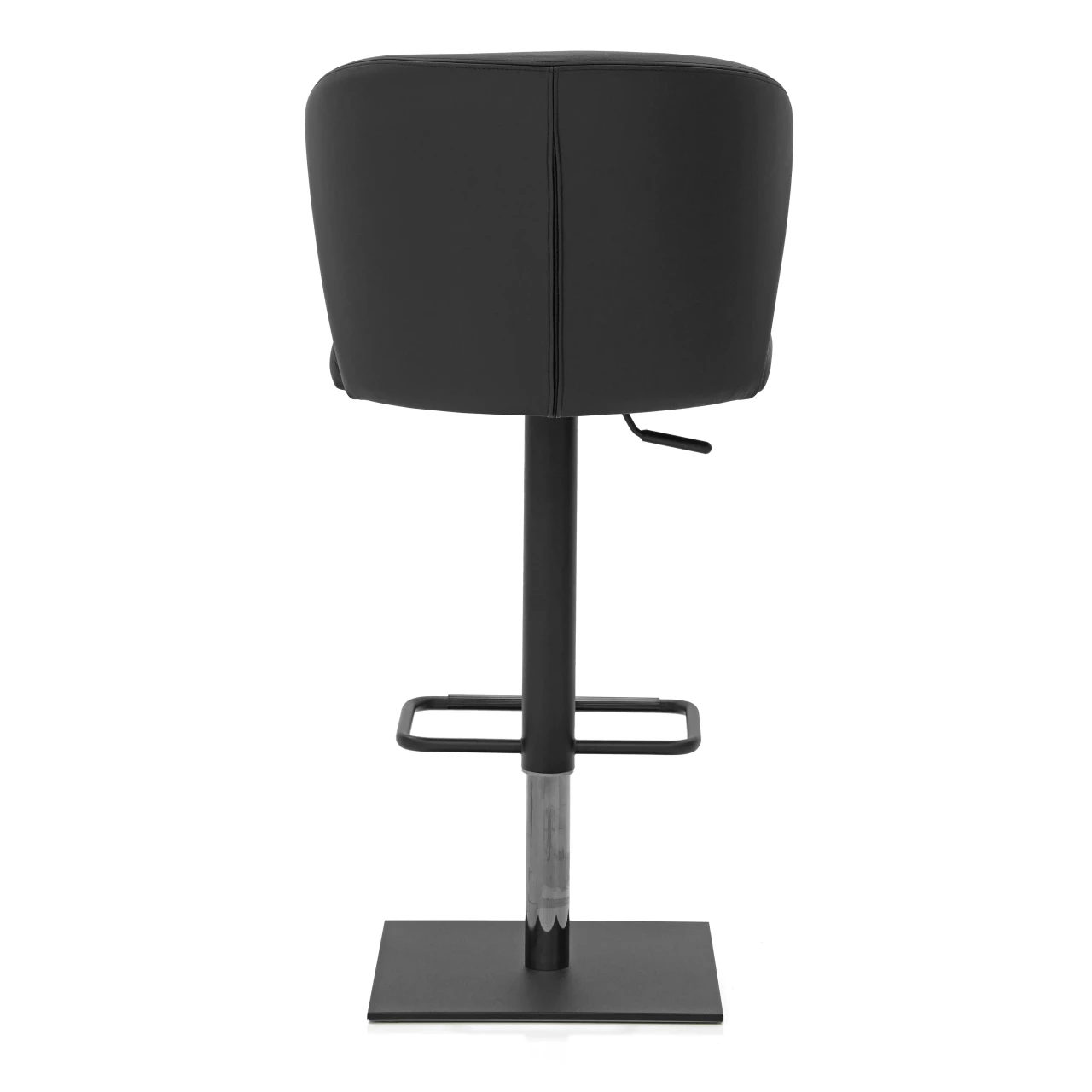 BLACK - Tess Bar Stool, modern black leather seat and back, black base, post, and footrest with chrome lift, rear view.