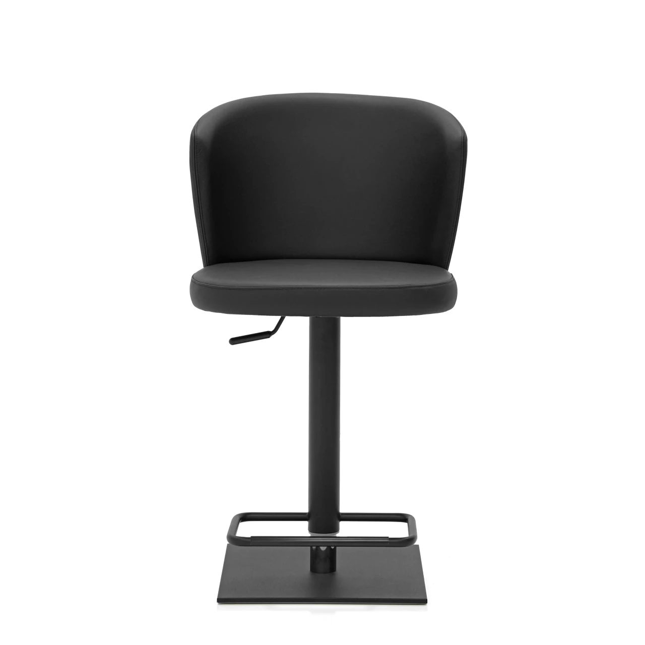 BLACK - Tess Bar Stool, modern style, black leather seat and back, black base, post and footrest, front view.