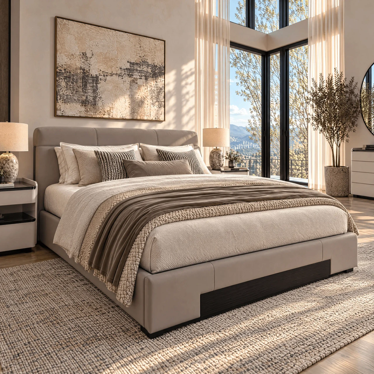 Malerba New Mood King Bed in Taupe Leather with Brown Cedar HG Accnt Hdbd&Rail in a modern bedroom, three-quarter view.