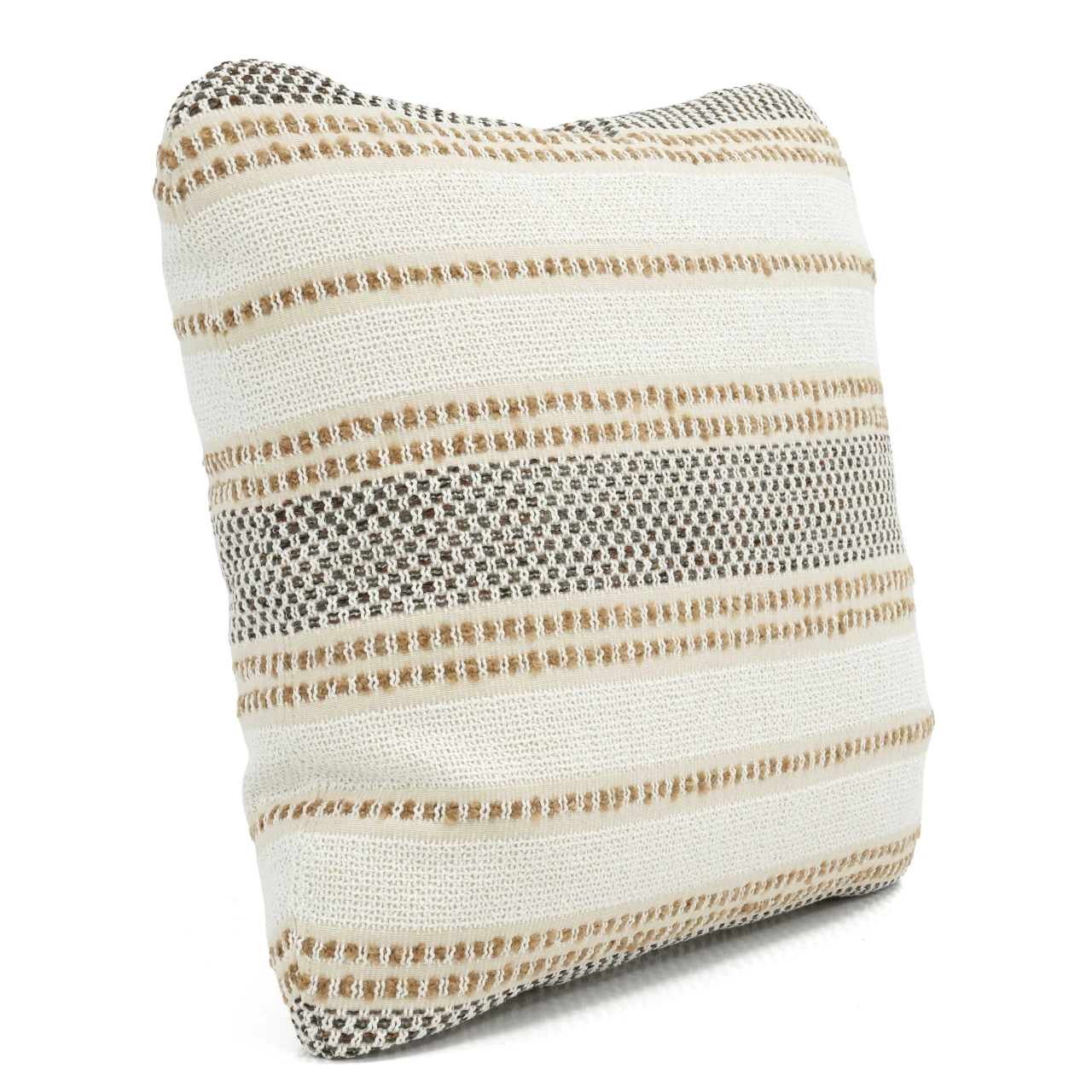 Vondom Suave Pillow in Moraira Camel fabric, textured woven material with brown stripes, three-quarter view.