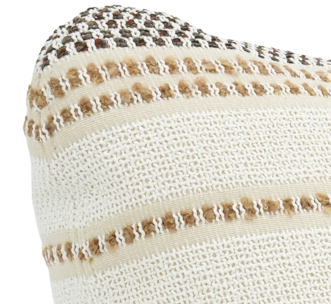 Closeup - Close-up angle of Vondom Suave Pillow in Moraira Camel Fabric, featuring a textured woven cream and tan striped design.