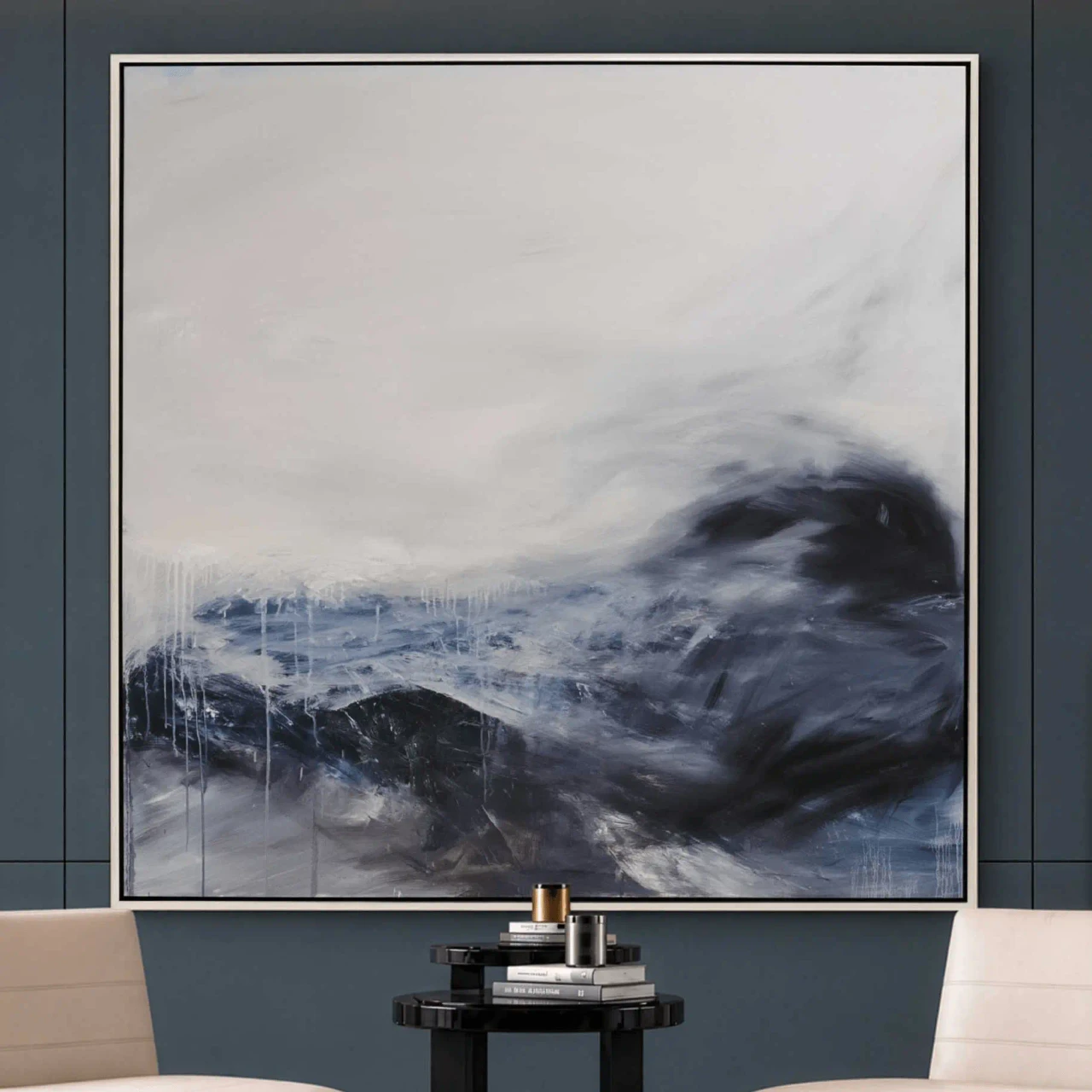 One Cold Morning abstract canvas art by Makoto in silver floater frame, blue and white, living room, front view.