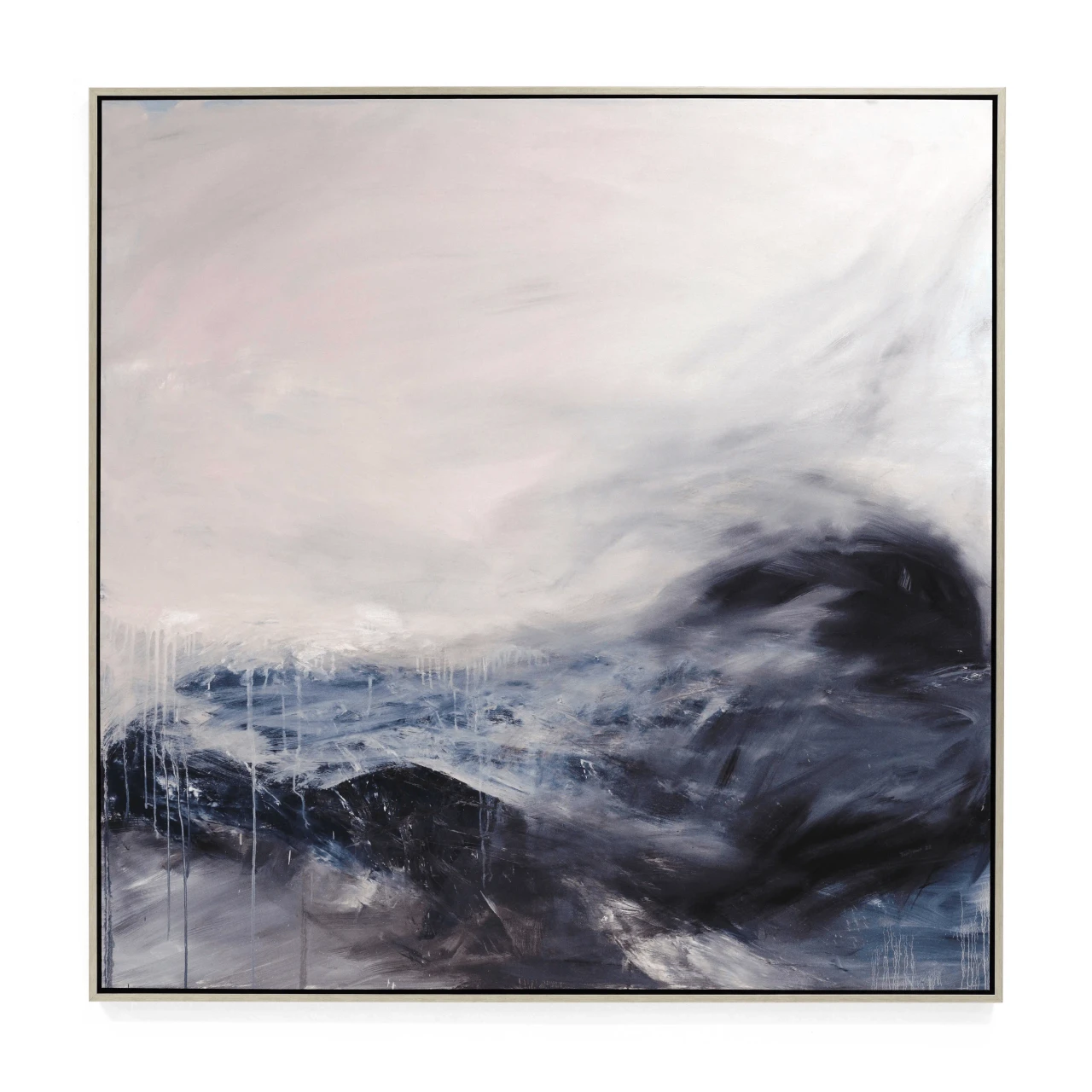 One Cold Morning abstract canvas art by Makoto in silver floater frame, blue and white tones, front view.