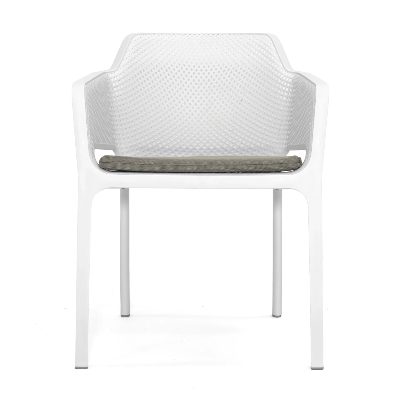White modern plastic armchair with perforated back, grey seat cushion, front view.