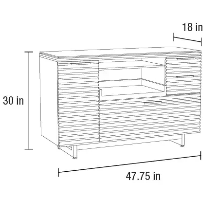 CHOCOLATE WALNUT || Detailed Dimensions - White modern slatted sideboard with open shelving and metal legs, front 3/4 view with dimensions.