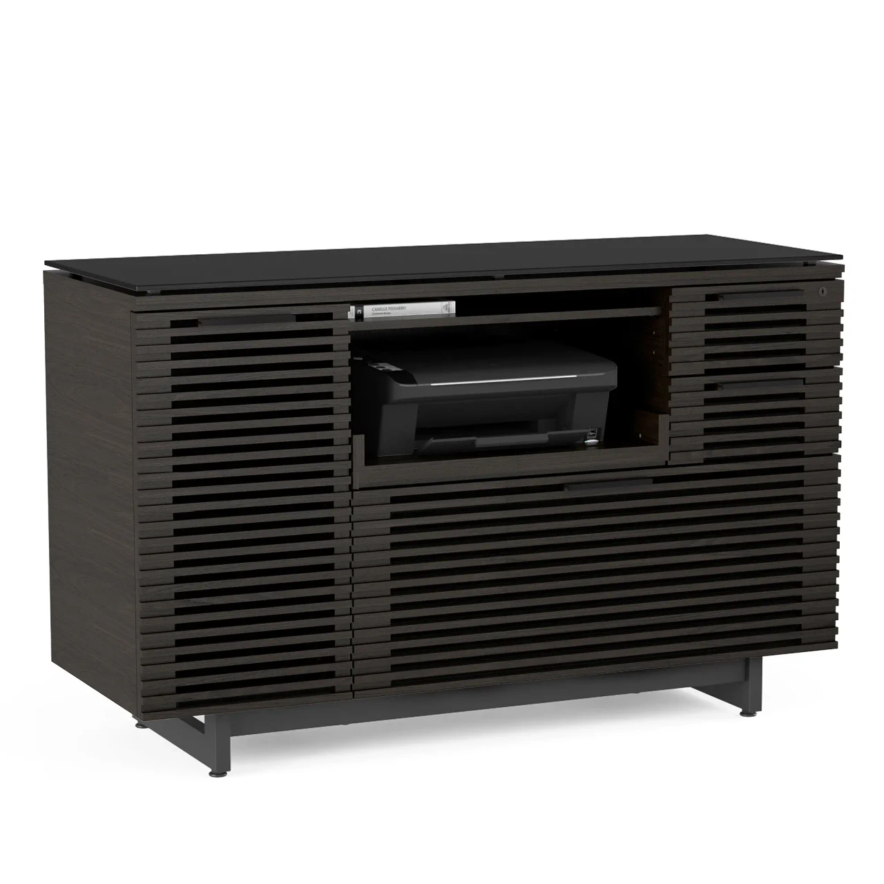 CHARCOAL ASH - Dark brown slatted wood printer stand with black glass top and open printer shelf, front view.