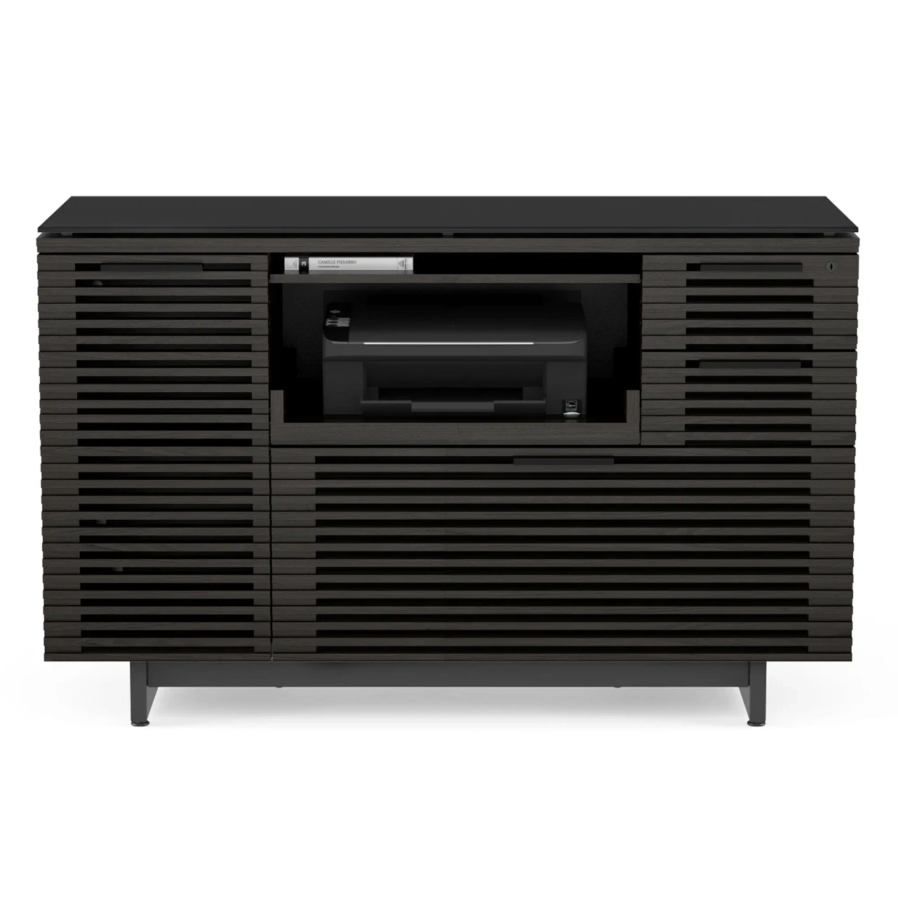 CHARCOAL ASH - Front view of a dark brown slatted wood modern sideboard with an open shelf containing a printer.