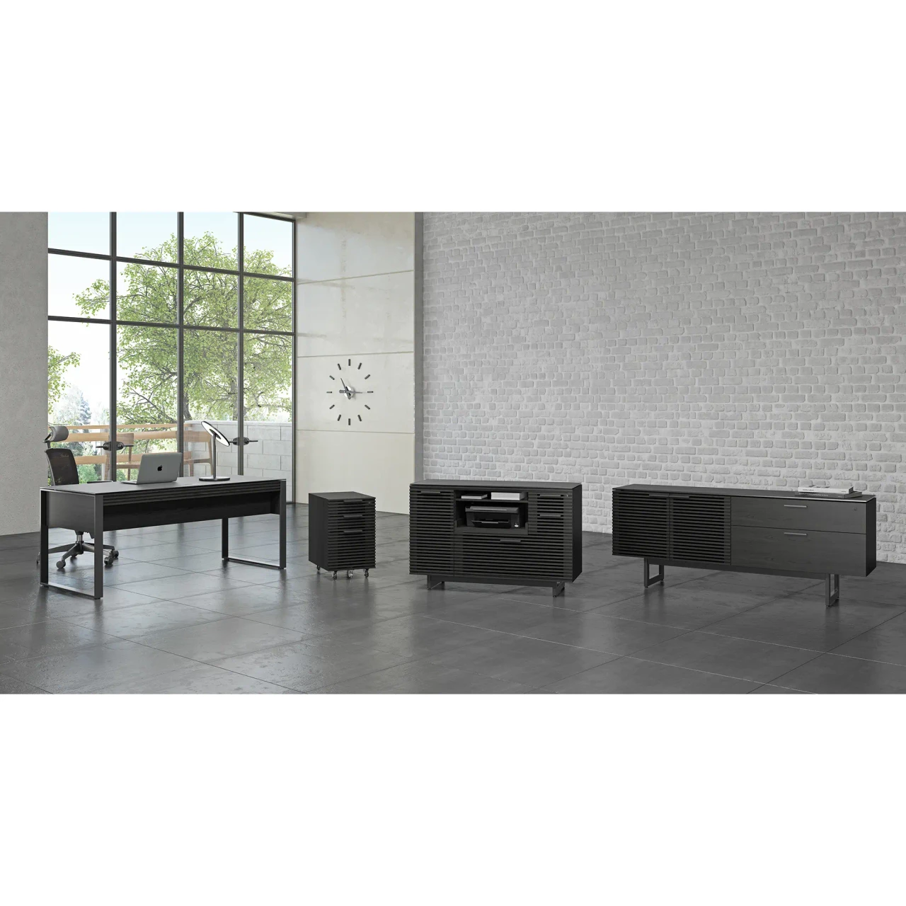 CHARCOAL ASH - Modern black office furniture set with desk, filing cabinet, and storage consoles, front view, matte finish.
