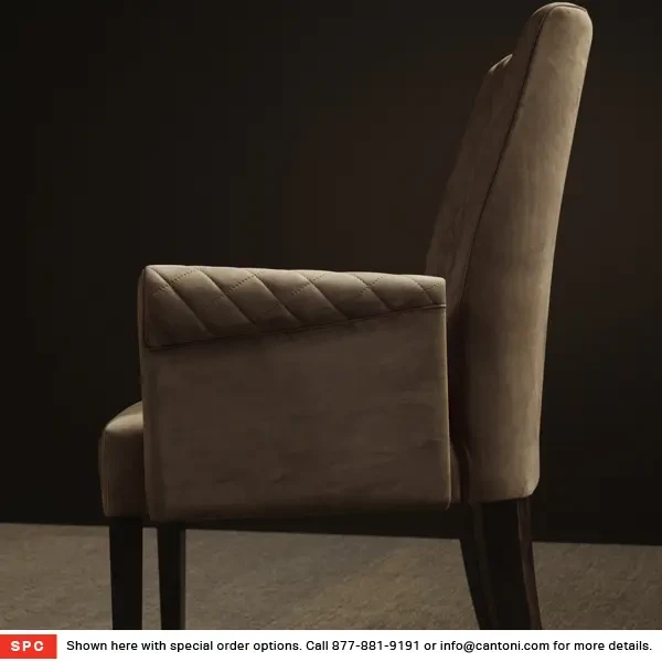 Malerba Red Carpet Arm Chair, diamond tufted arms, ecru leather, side view, dining room setting.